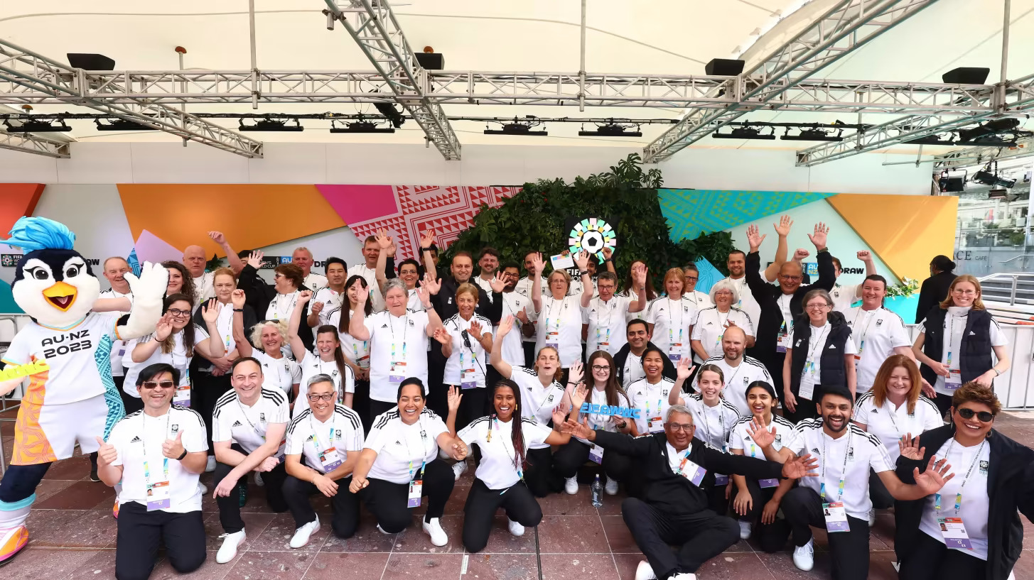 Volunteers and Mascot Tazuni at the Final Draw for the FIFA Women’s World Cup 2023TM, which was held in October 2022 in Auckland, New Zealand