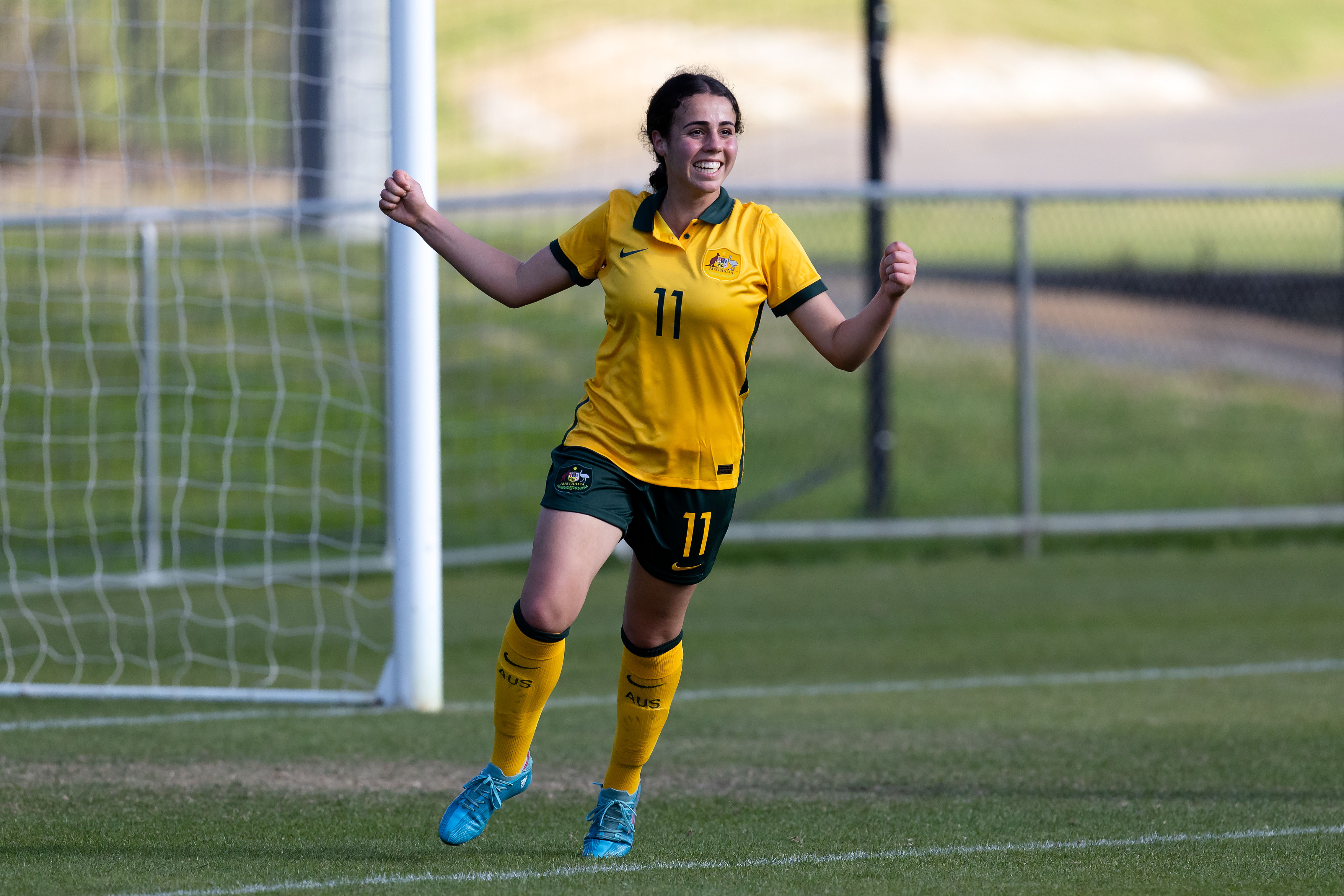Anika Stajcic celebrating a goal for the CommBank Young Matildas against Soloman Islands during the 2022 Pacific Four Nations Tournament. (Photo: PacificAus Sports)