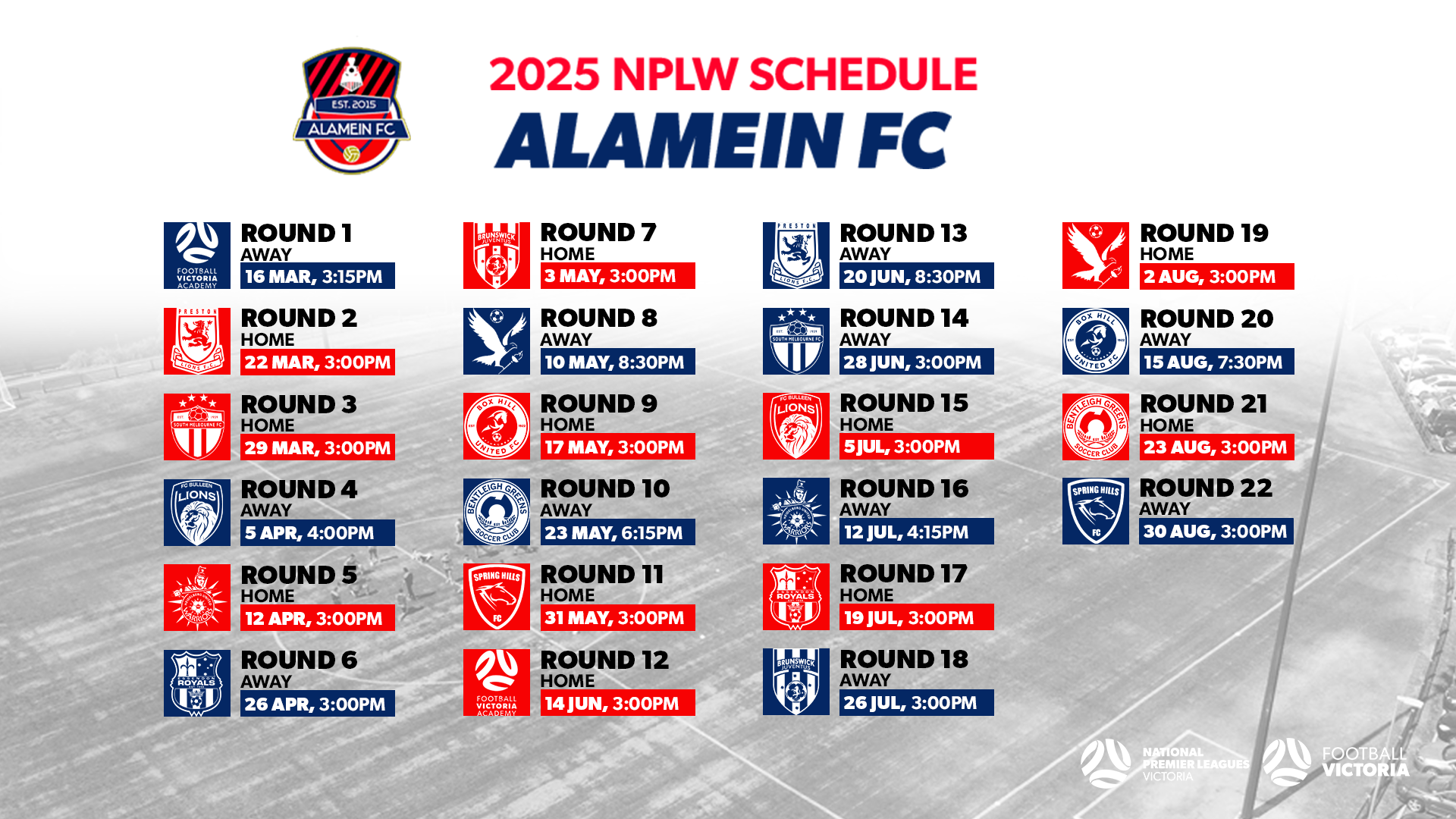Alamein FC 2025 NPLW Fixtures