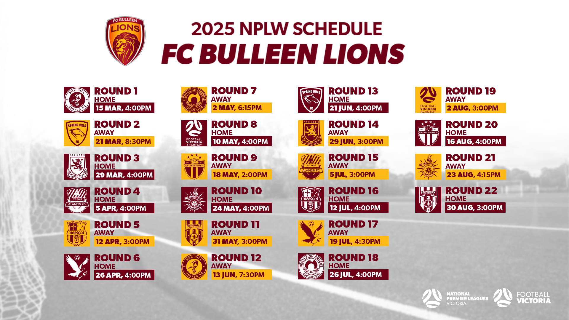 FC Bulleen Lions 2025 NPLW Fixtures