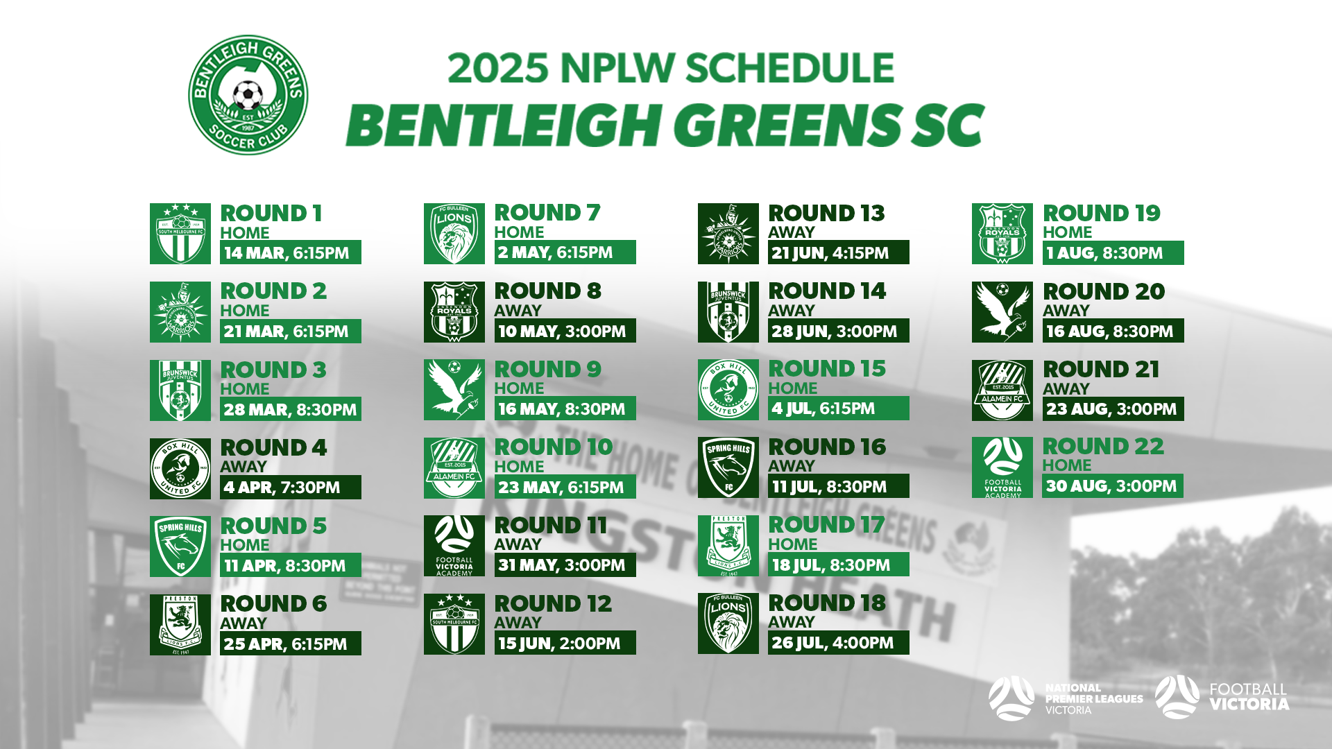 Bentleigh Greens SC 2025 NPLW Fixtures
