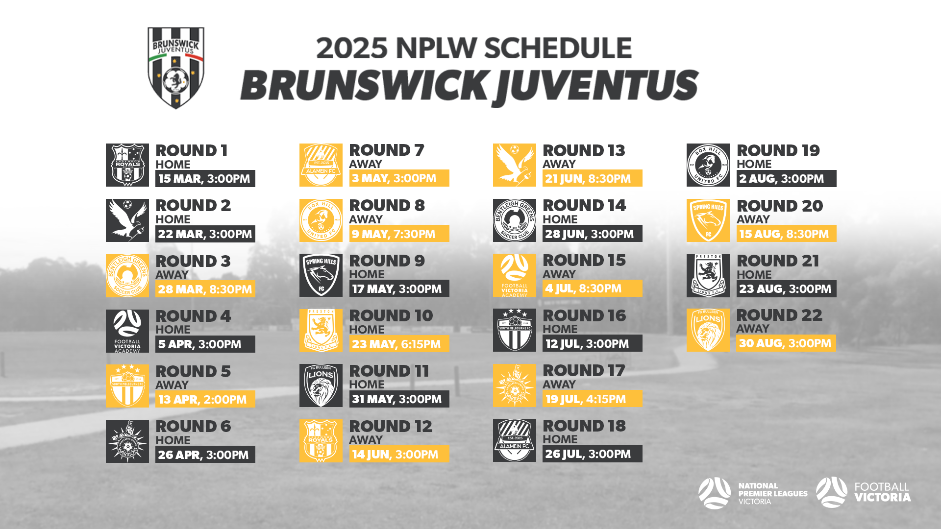 Brunswick Juventus 2025 NPLW Fixtures
