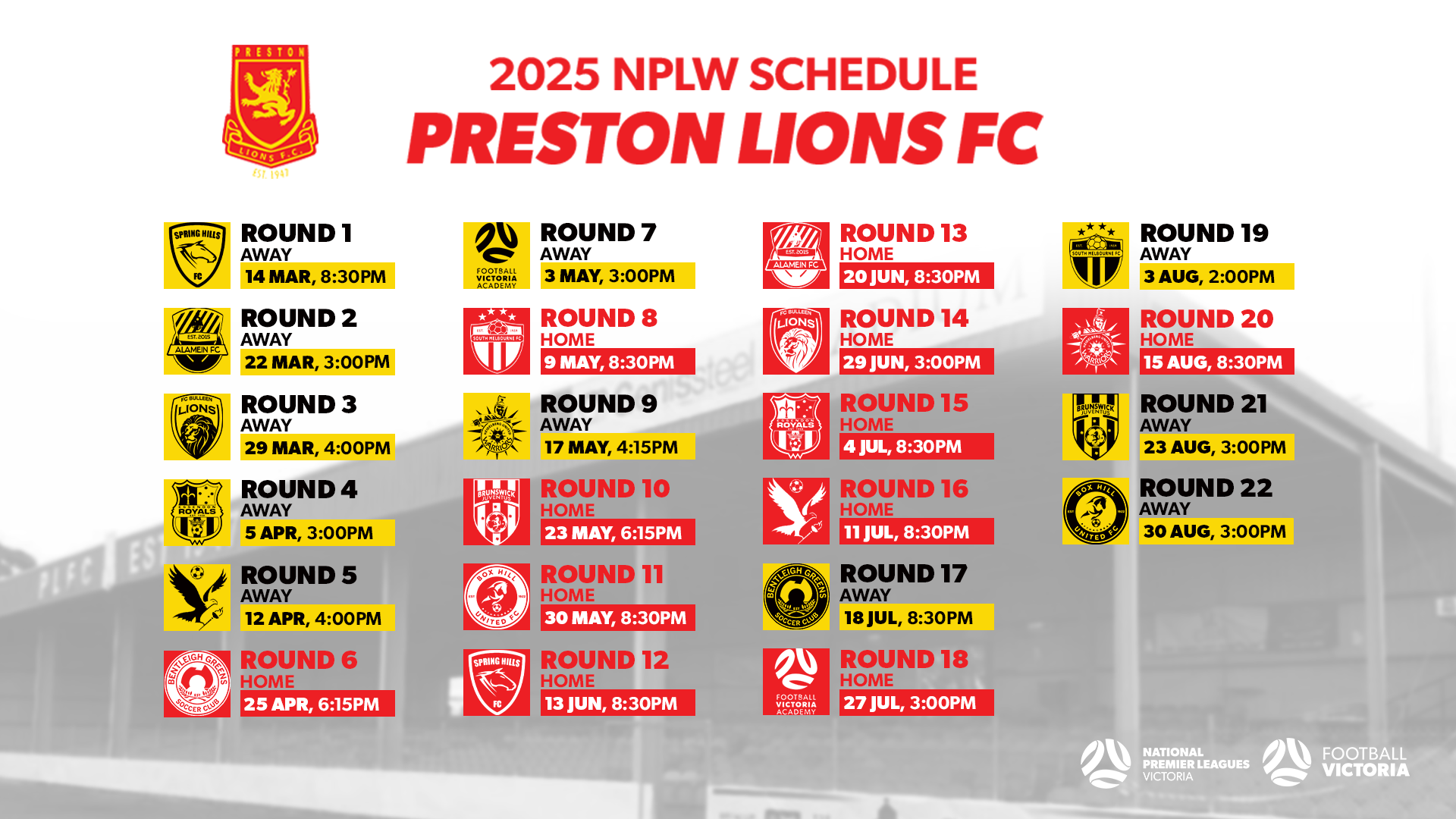 Preston Lions FC NPLW 2025 Fixture