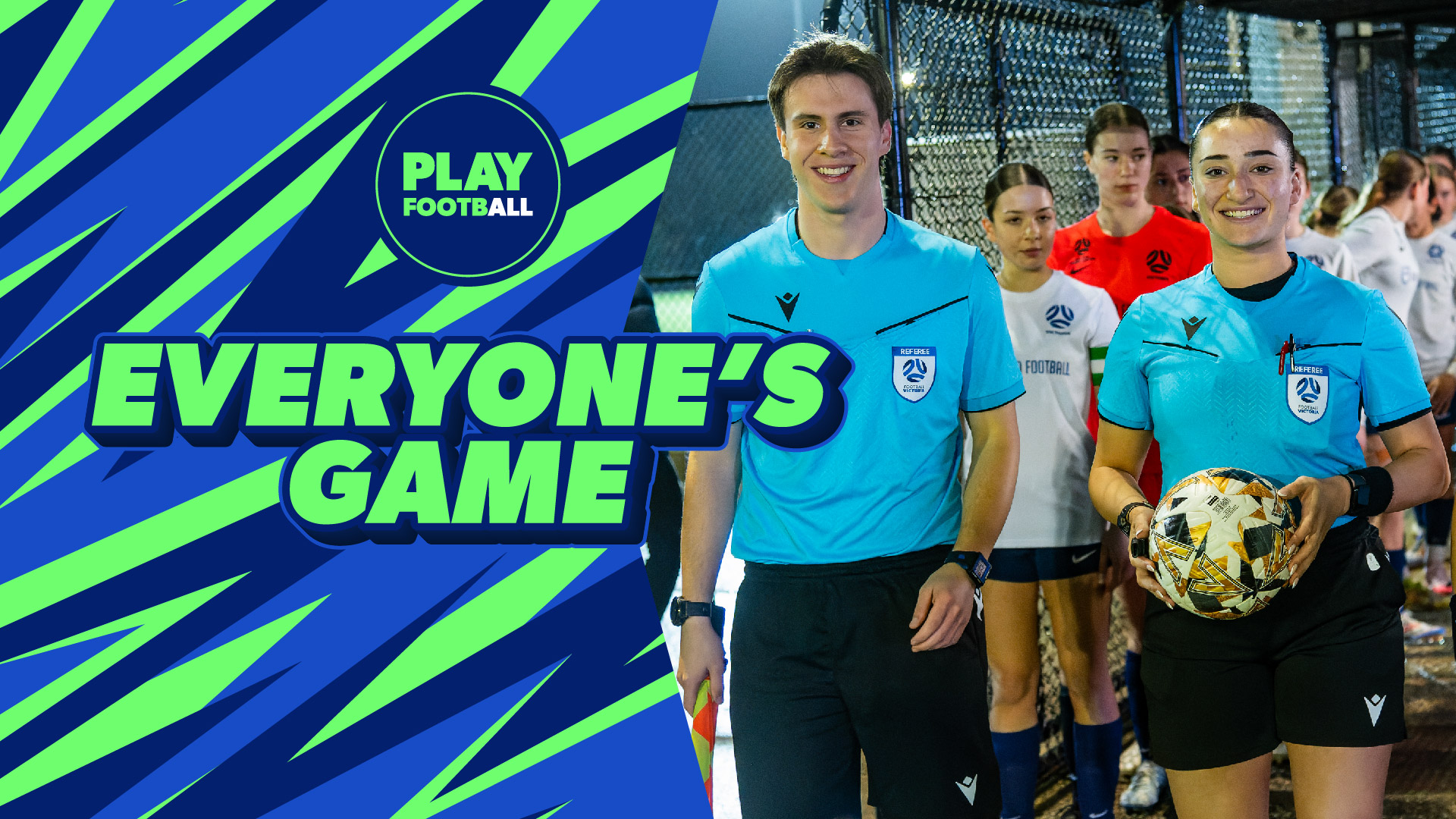 Play Football 2025 Everyone's Game Picture of a male and female referees