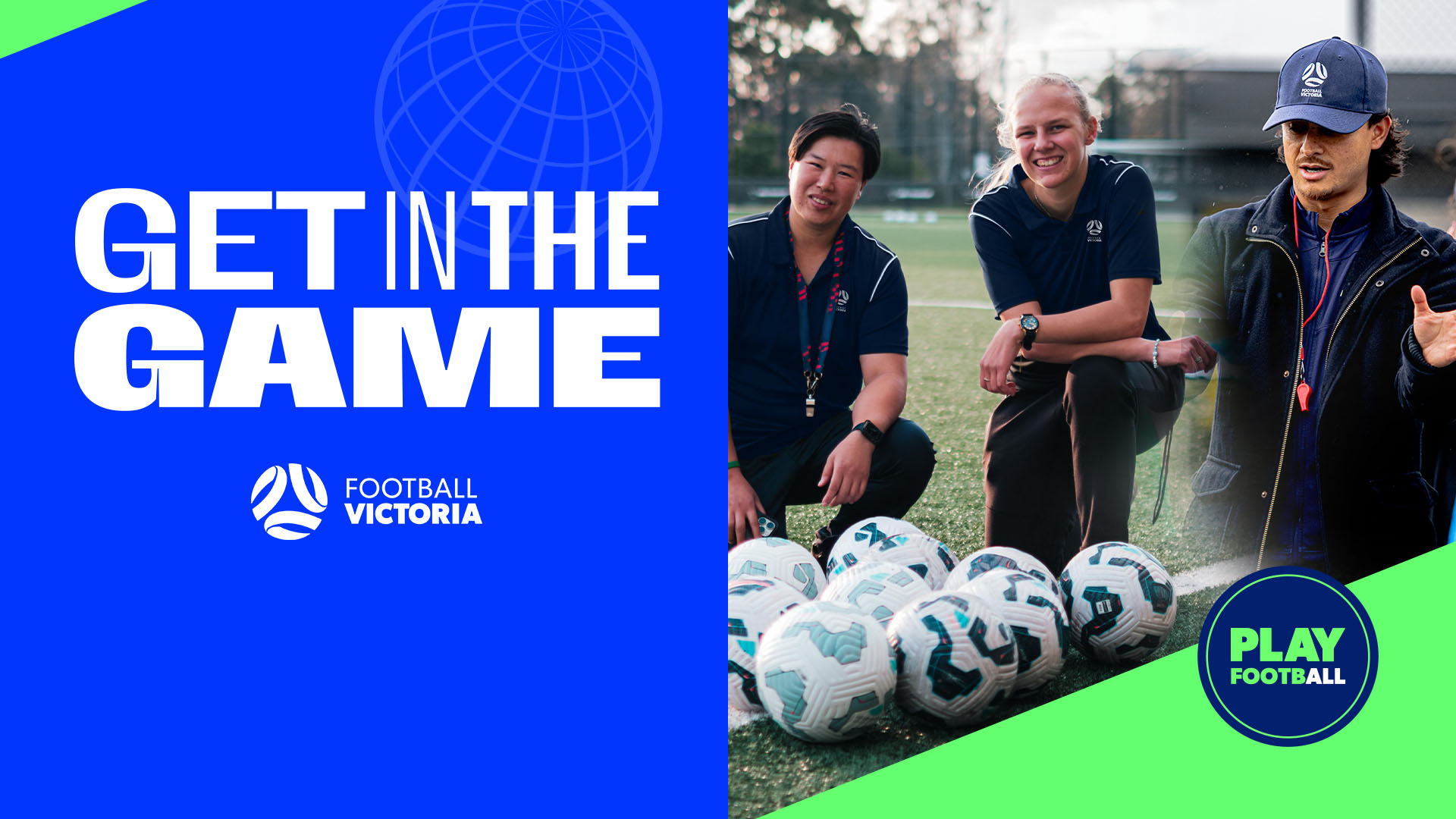 Get In The Game Football Victoria Coaches on a pitch with football and man coaching.
