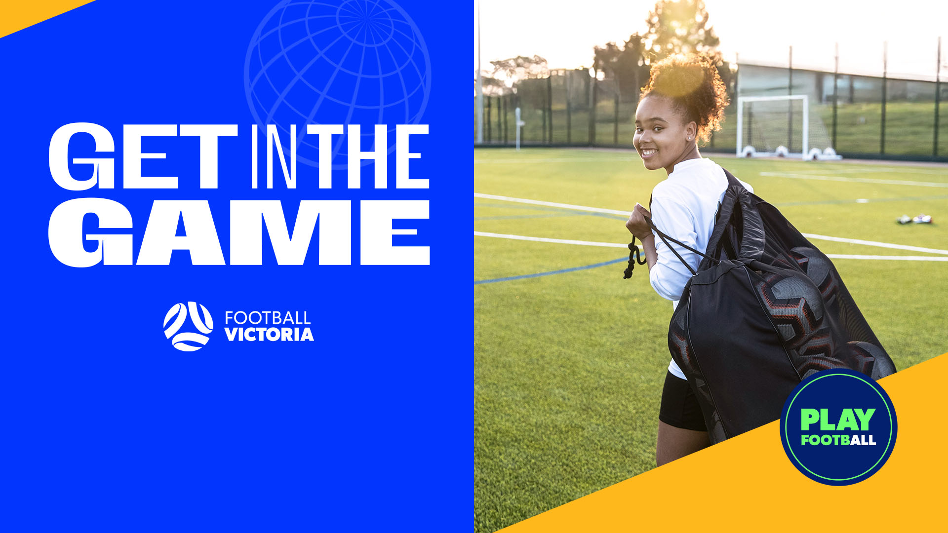 Get In The Game Football Victoria Play Football - Girl walking on a football pitch with a bag of footballs on her shoulder
