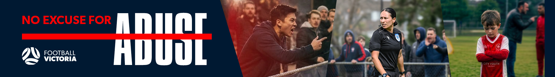 No Excuse For Abuse 2026 - Spectator shouting, referee looking to the left and young boy looking sad on the right.