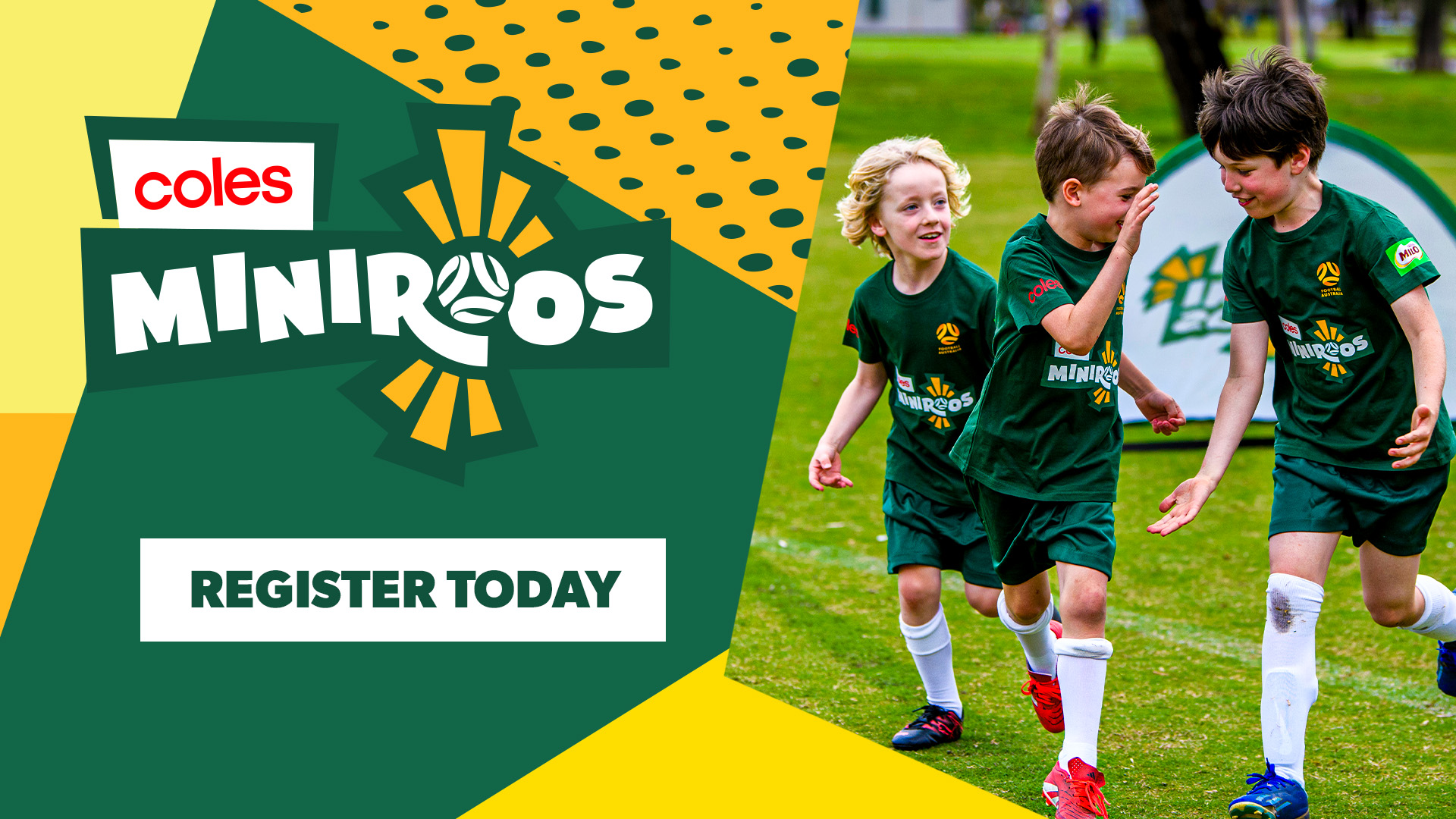 Coles Miniroos Register today - Miniroo Boys playing in green Miniroos t-shirts