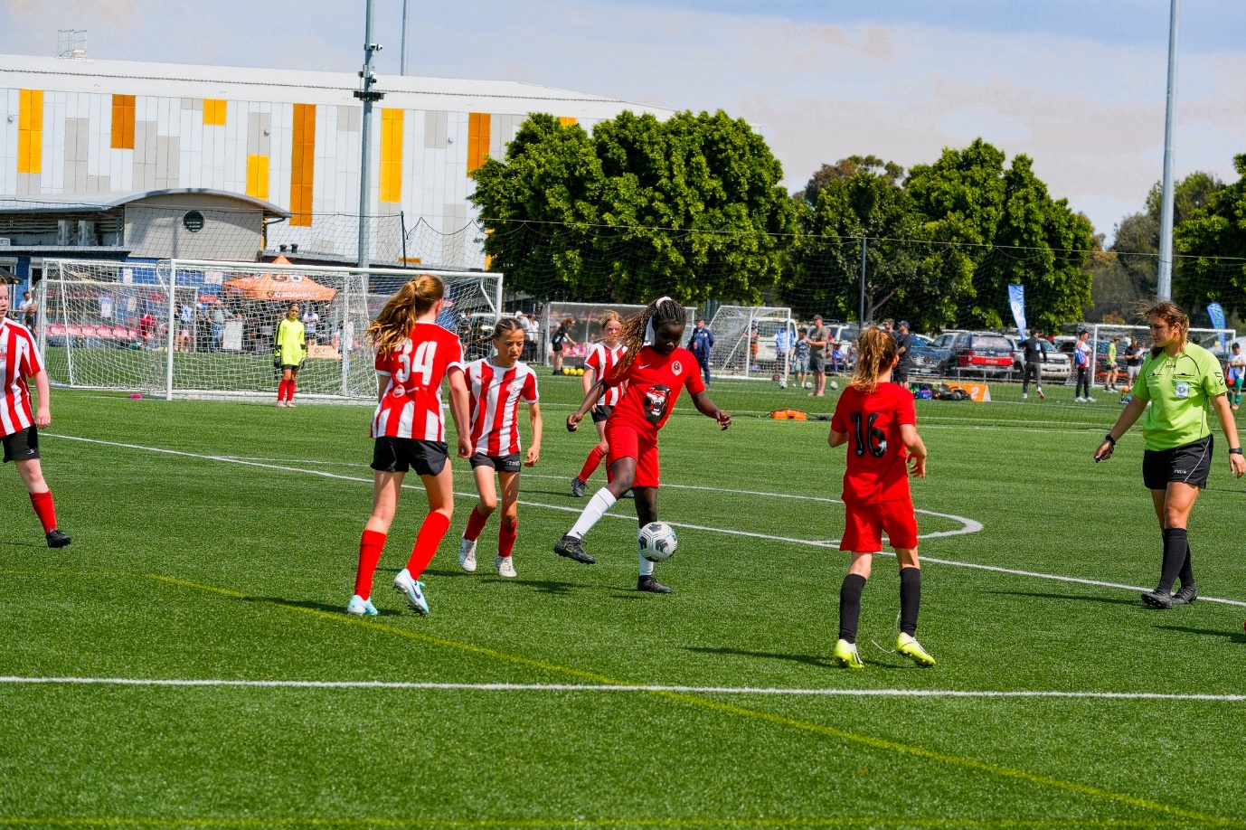 May be an image of 8 people, people playing football, people playing soccer, grass and text