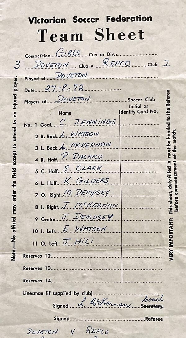 A team sheet from the Doveton Ladies which competed for the Lynette McKernan trophy.